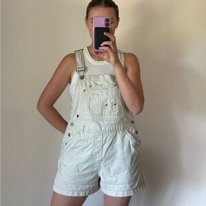 Vintage Shortalls Carpenter Cream Light Tan Denim Short Overalls Women’s Small